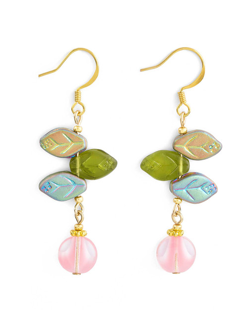 Bohemian Leaf and Pink Art Glass Earrings