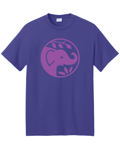 A purple elephant print t-shirt displayed from the front, showcasing a central circular emblem of an elephant.