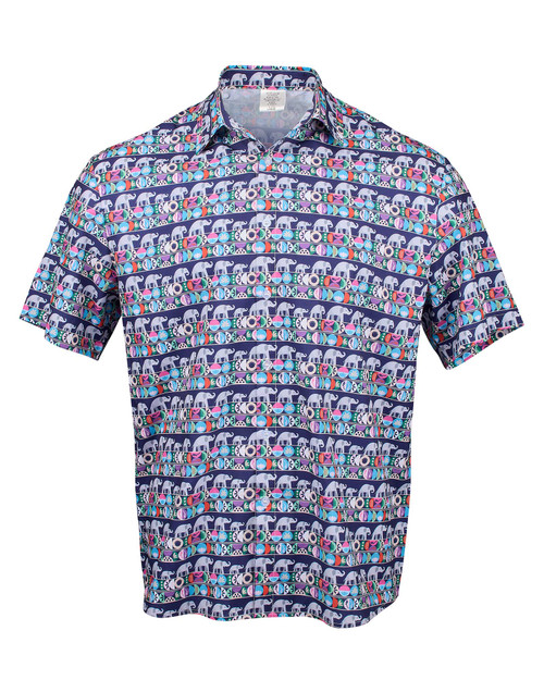 A short-sleeve camp shirt with a colorful pattern of marching elephants.
