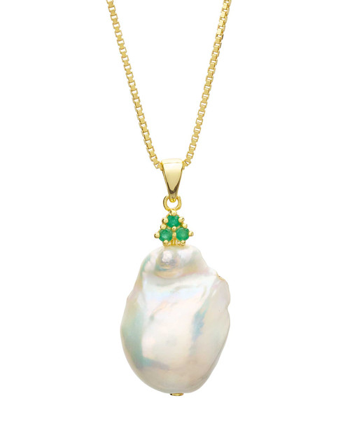 Emerald and Baroque Pearl Pendant Necklace