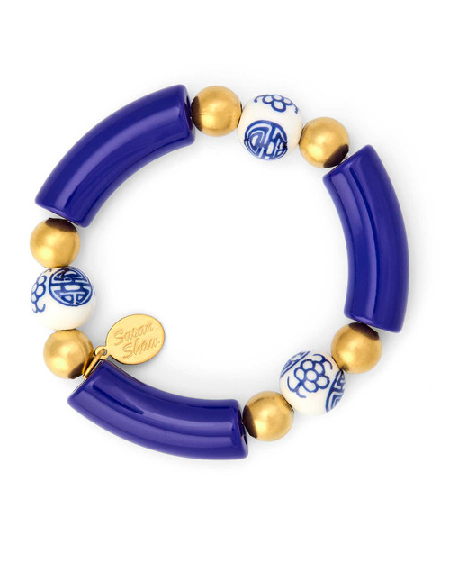 Blue stretch bracelet in porcelain and gold, reflecting Ming and Qing Dynasty artistry. View Product Image