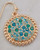 Close-up of round crystal pavé earrings with blue and green stones in a gold setting. View Product Image