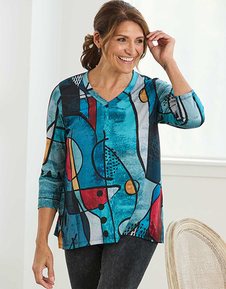 Colorful Graphic V-Neck Top