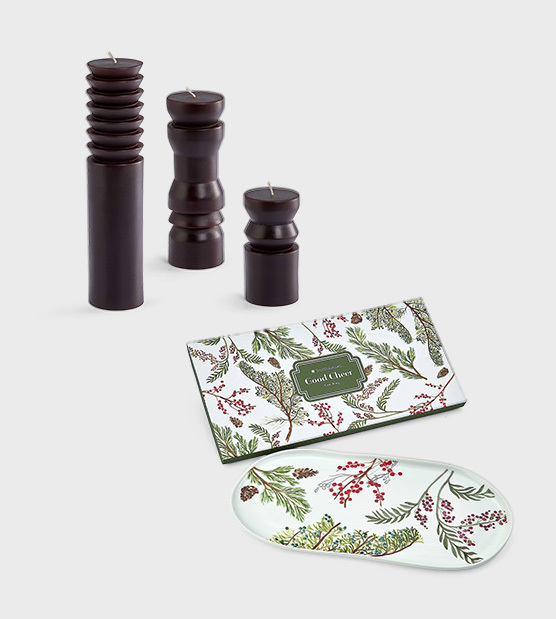 Good Cheer Platter & Architectural Candlesticks