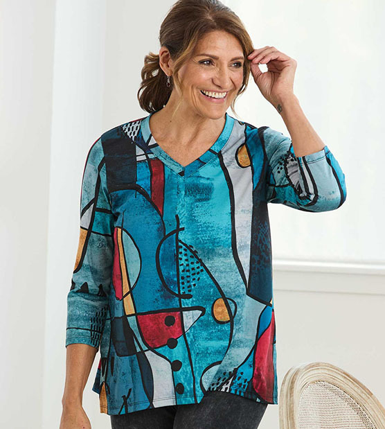 Colorful Graphic V-Neck Top