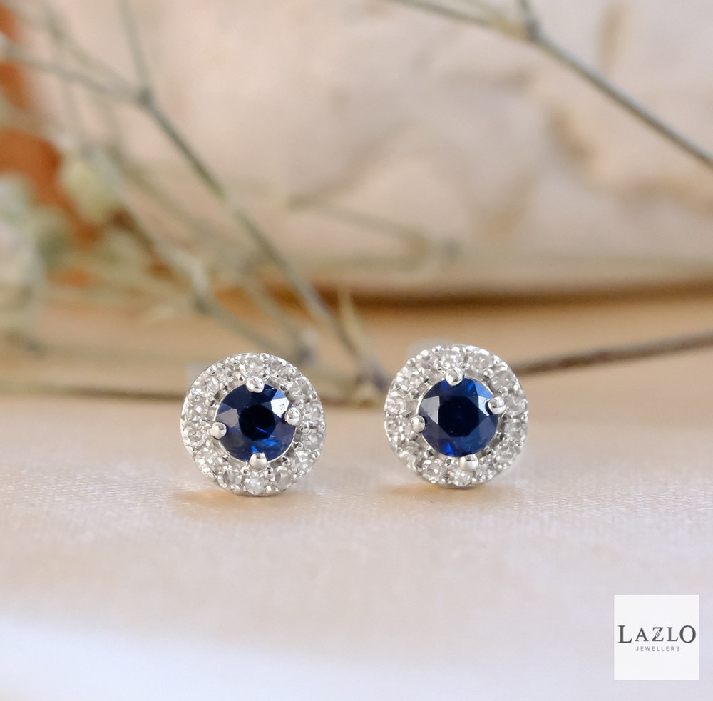 9kt White Gold Round Sapphire & Diamond Stud Earrings 1