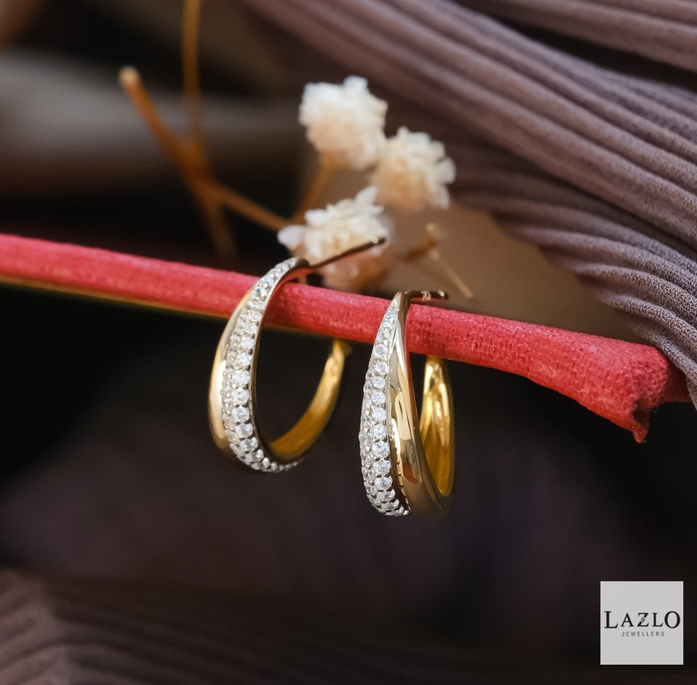 Sterling Silver Gold Plated CZ & Plain Open Hoop Earrings 1