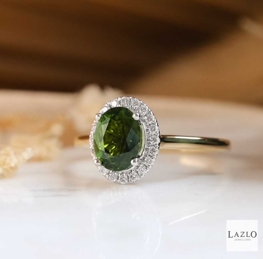 18kt Yellow Gold 1.36ct Oval Green Tourmaline & 0.14ct Natural Diamond Halo Ring 1