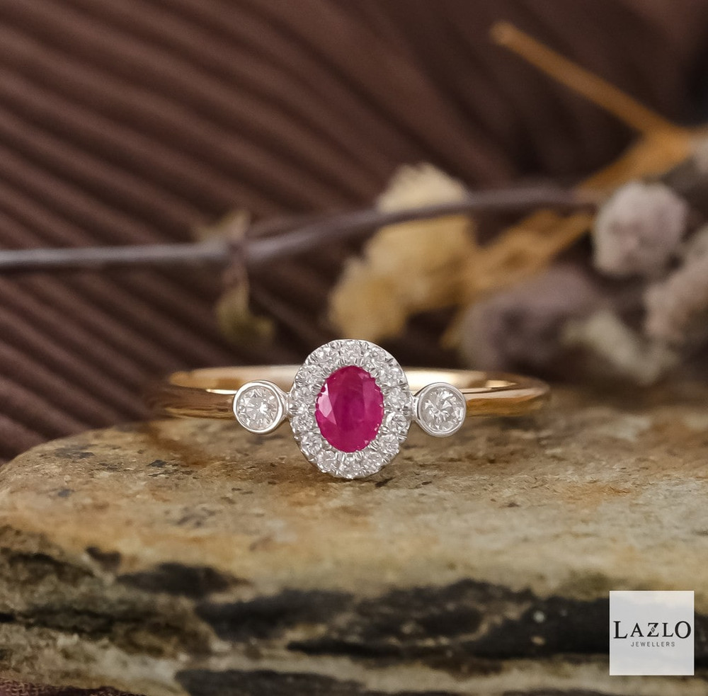 9kt Yellow Gold Oval Ruby & 0.10ct Diamond Halo Dress Ring 1