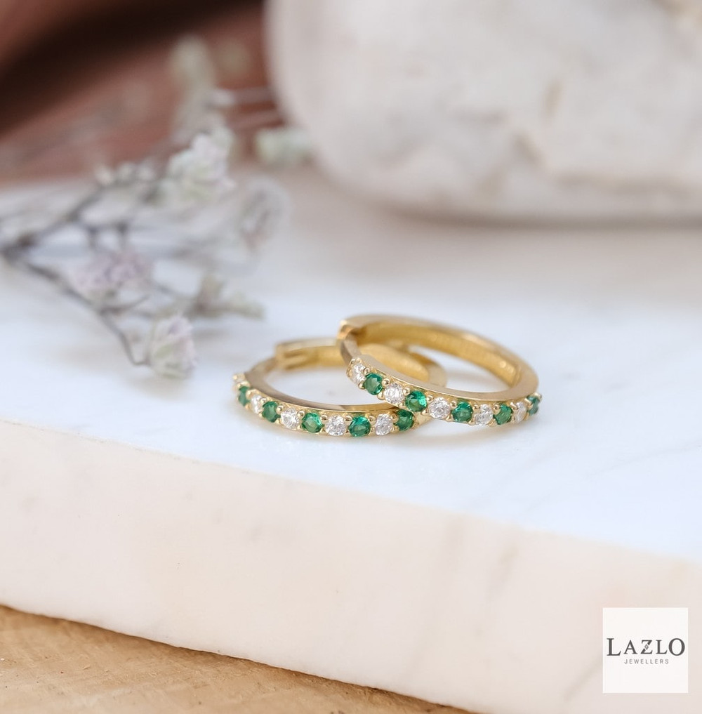 9kt Yellow Gold Emerald Green & White CZ Hoop Earrings 1