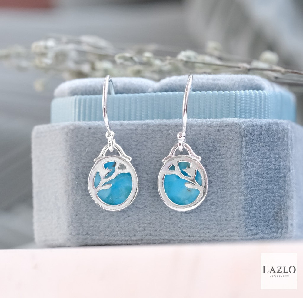 Sterling Silver Turquoise Disc Drop Flower Pattern Earrings 1