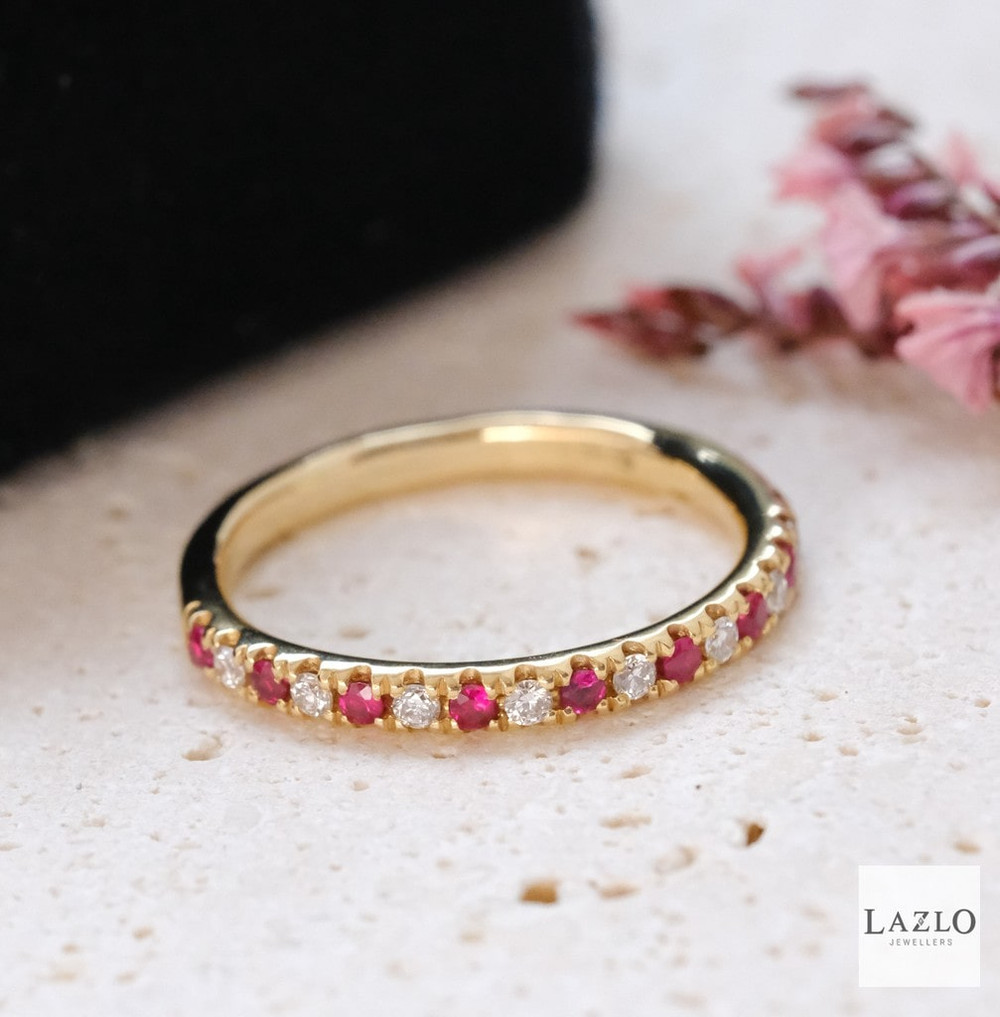 18kt Yellow Gold Micropave Set 0.12ct Diamond & 0.18ct Ruby Band 1