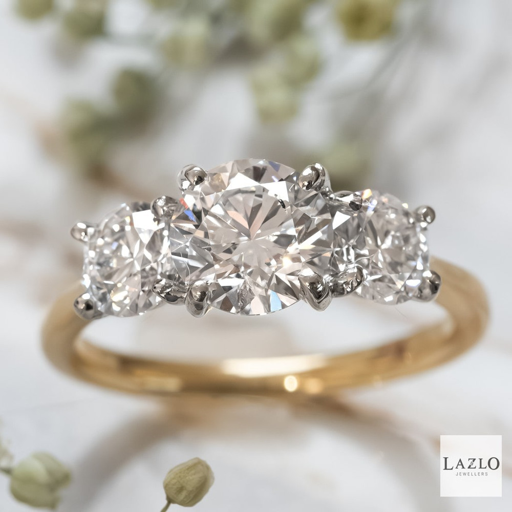 18kt Yellow Gold & Platinum 1.28ct D VVS2 Laboratory Round Brilliant Diamond & Two 0.51ct Lab Diamond Ring  1