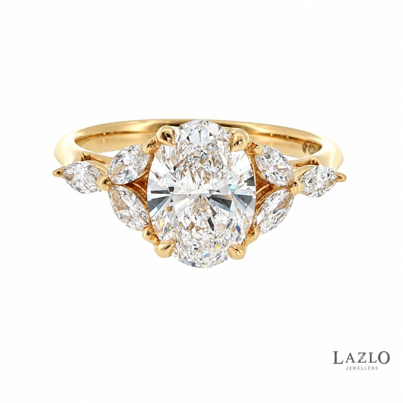 18kt Yellow Gold Oval 1.53ct D VVS2 Laboratory Diamond & 3 Marquis 0.37ct Laboratory Diamond Shoulder Ring 1