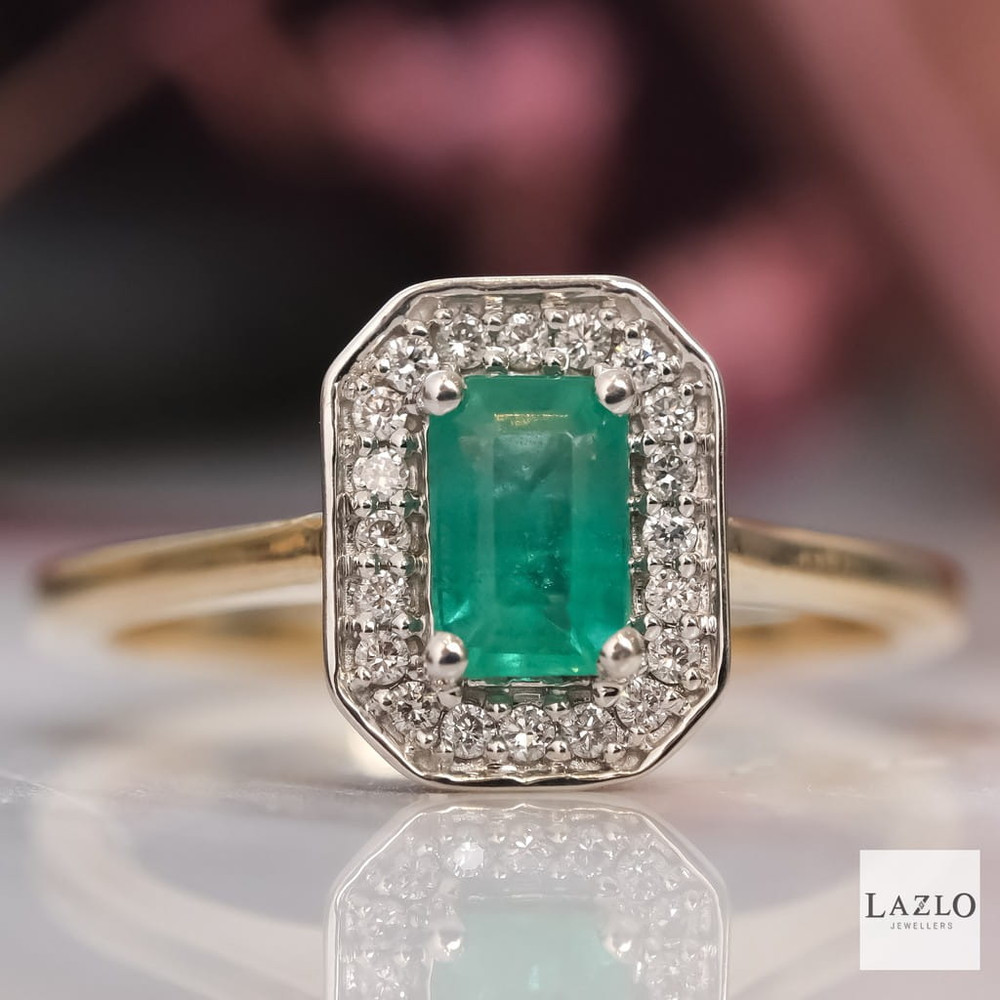 Andre Michael 9kt Yellow Gold Emerald Cut Emerald & Diamond Halo Ring 1