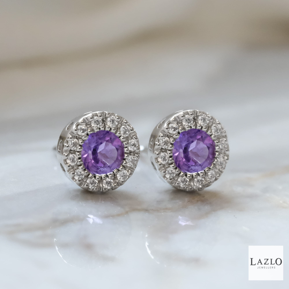 Sterling Silver Amethyst & Round Cluster Earrings