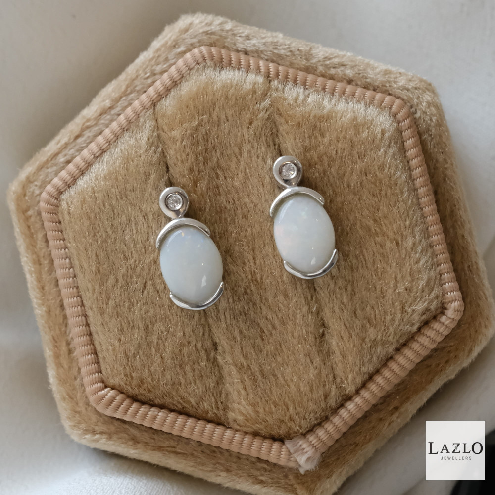 Sterling Silver Oval Opal CZ Rubover Stud Earrings