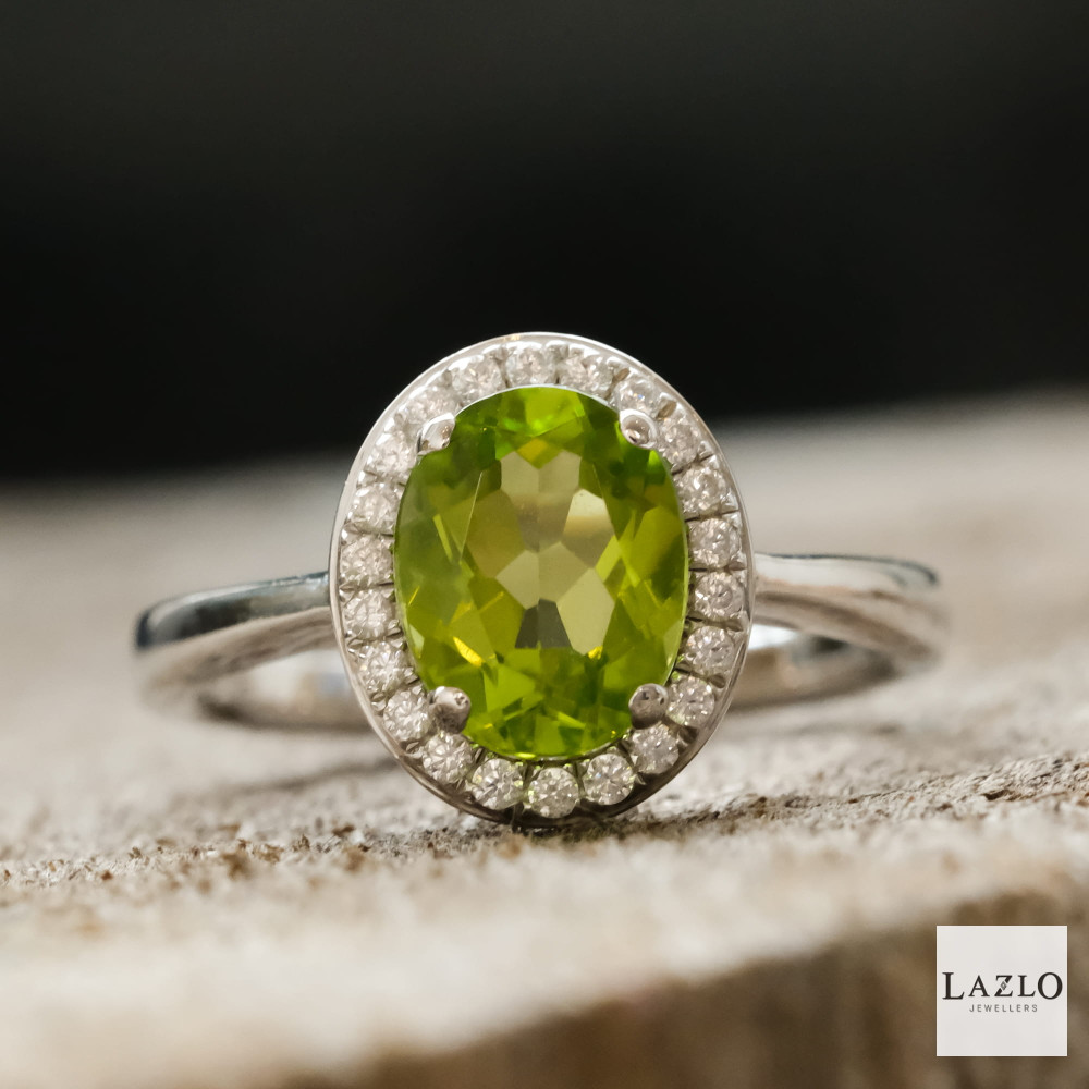 Amore Sterling Silver Oval Peridot CZ Halo Ring 1