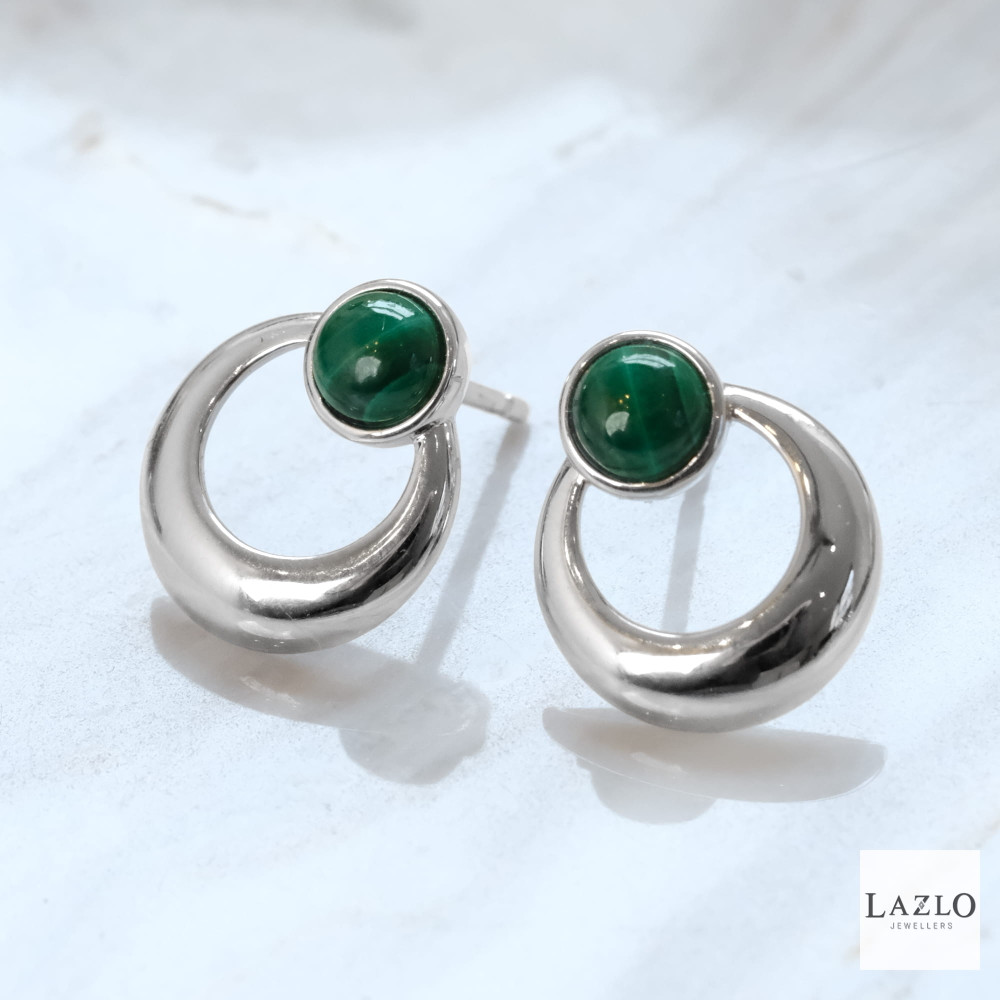 Amore Sterling Silver Open Circle Round Rubover Malachite Stud Earrings 1