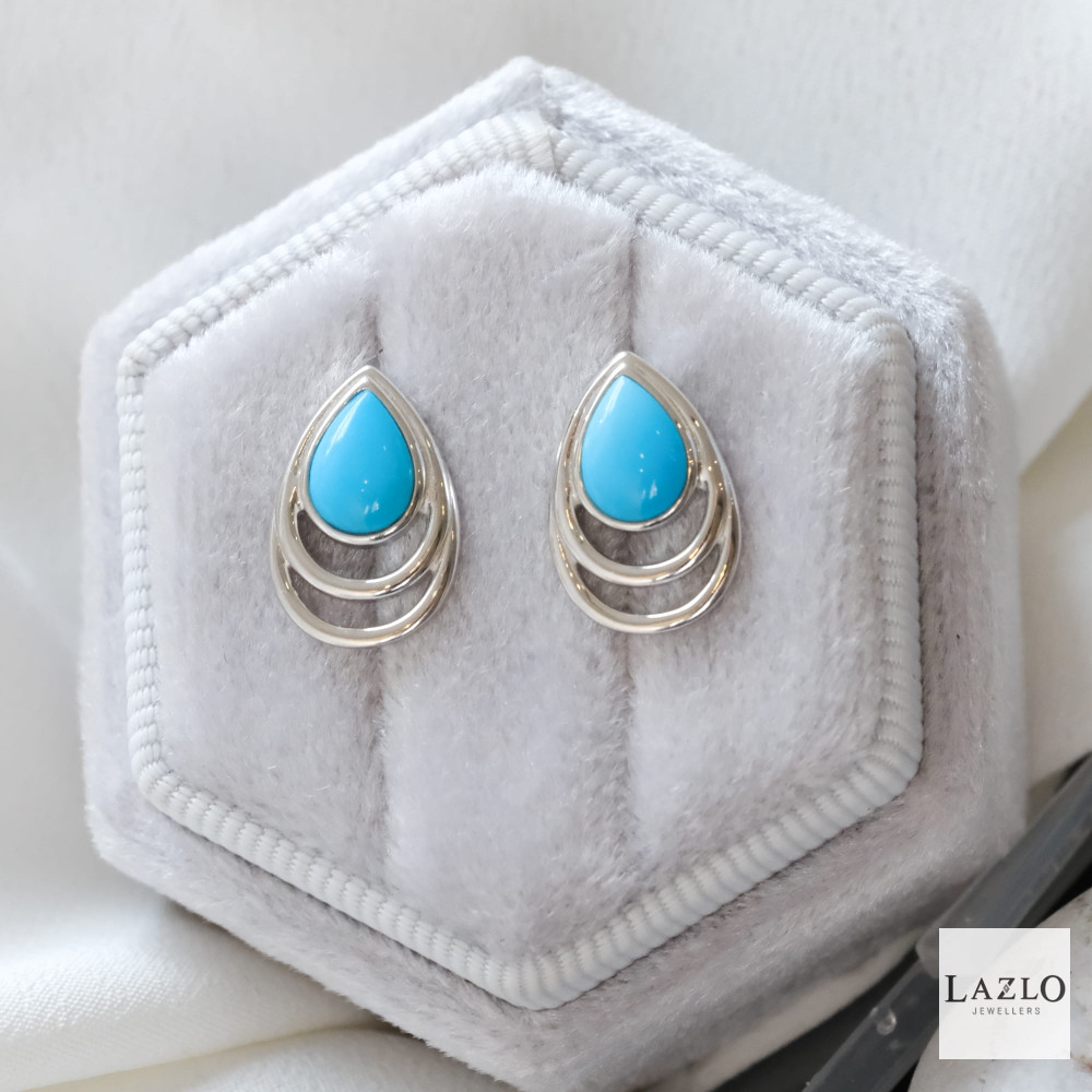 Amore Sterling Silver Double Teardrop Rubover Pear Shape Turquoise Stud Earrings