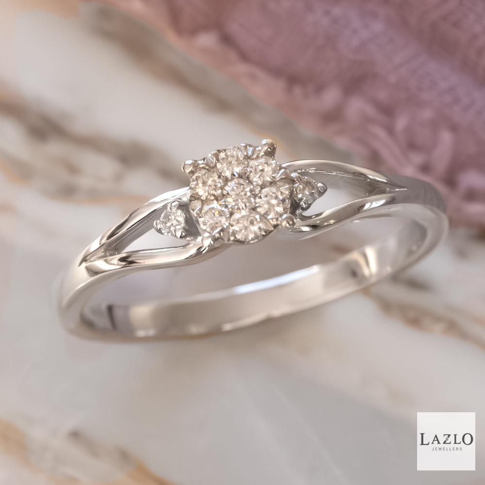 Amore 9kt White Gold 0.12ct Cluster Plain Split Shoulders Diamond Ring 1