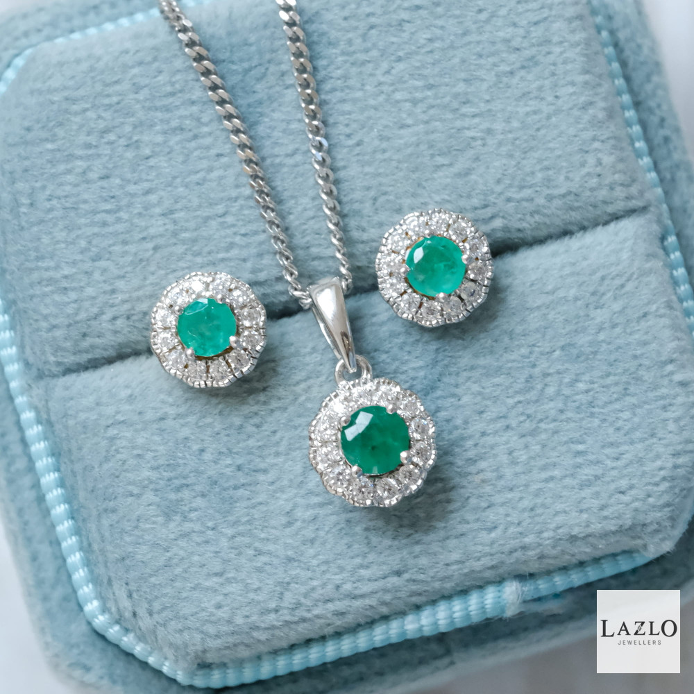 Amore Sterling Silver Genuine Emerald CZ Small Round Cluster Earrings & Necklace Set 1