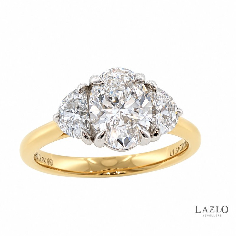 18kt Yellow Gold Oval Laboratory D VVS2 1.51ct Diamond & 0.68ct Half Moon Lab Diamond Side Engagement Ring 1