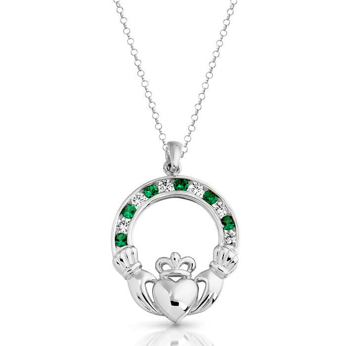 Sterling Silver  Channel Set Faux Emerald & CZ Claddagh Necklace 1