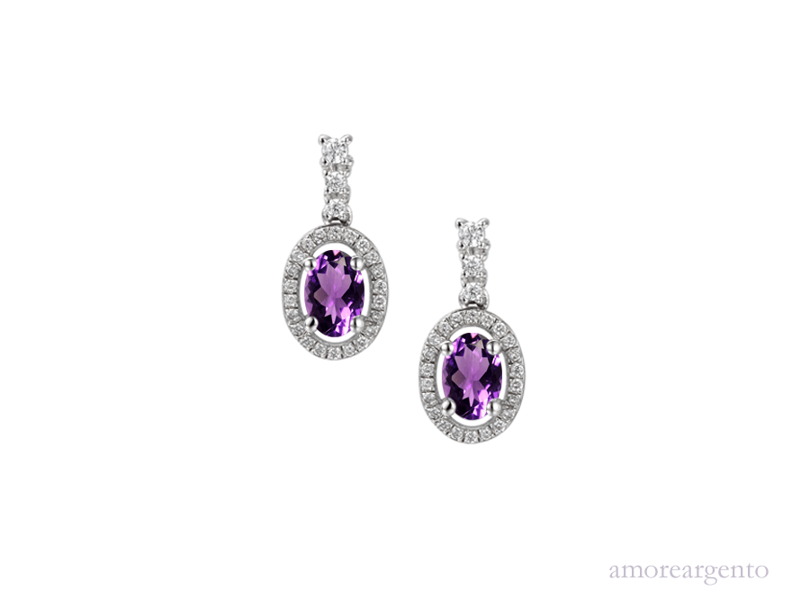 Sterling Silver Oval Amethyst & CZ Cluster Drop Earrings