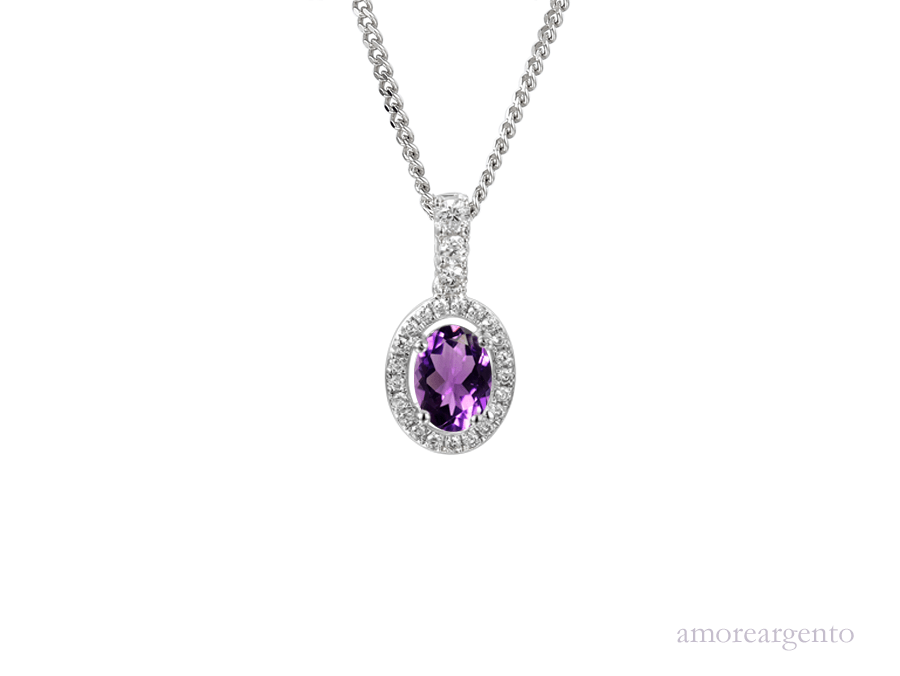 Sterling Silver Oval Amethyst & CZ Cluster Pendant & Chain