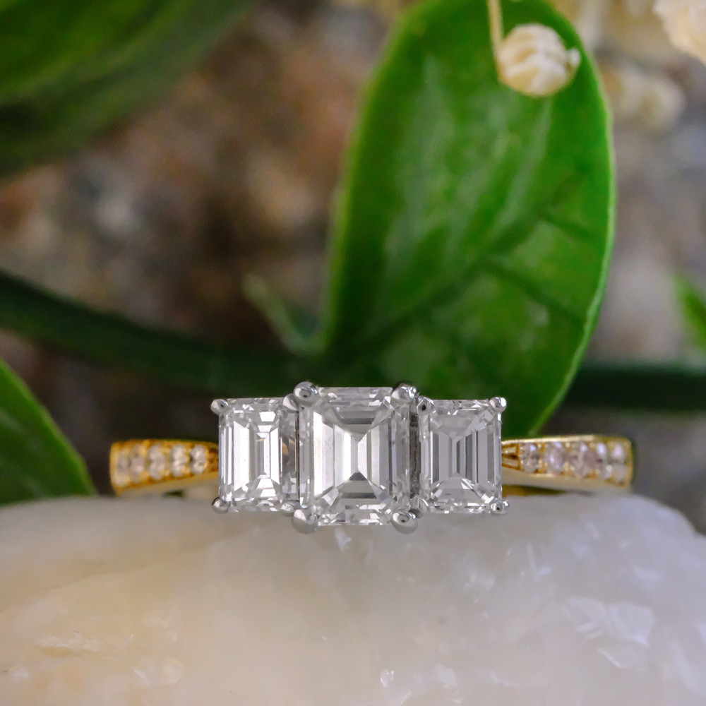 18kt Yellow Gold Three Stone 1.01ct G VS Emerald Cut 0.10ct Pave Set Engagement Ring 1