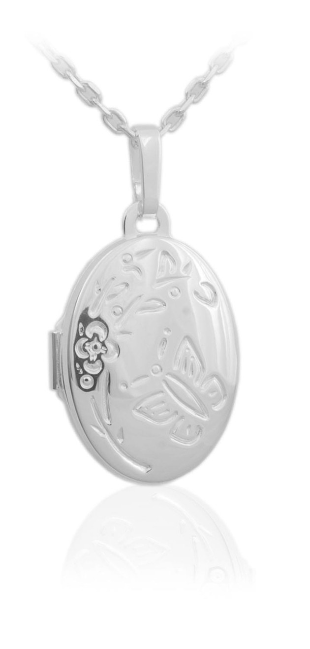Sterling Silver Small Butterfly Oval Locket & Chain