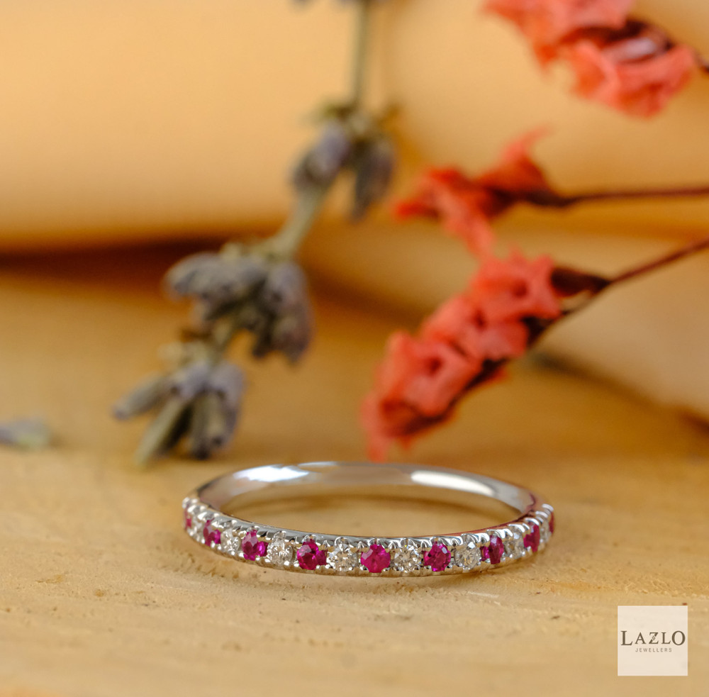 18kt White Gold 17 Stone Micro Pave Set 0.12ct Ruby & 0.19ct Diamond Eternity Band 1