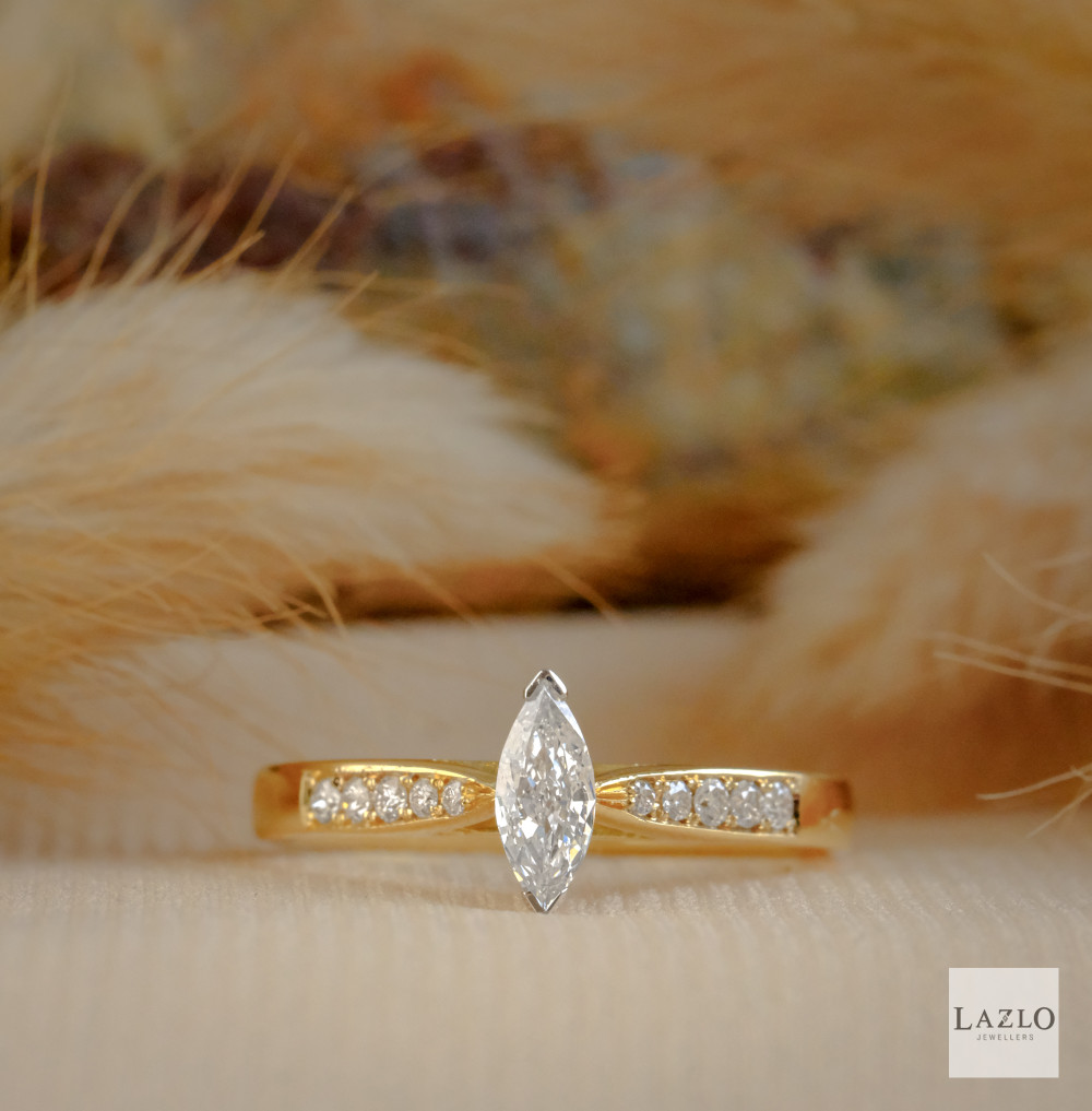 18kt Yellow Solitaire 0.25ct Marquise Diamond & 0.12ct Pave Set Engagement Ring 1