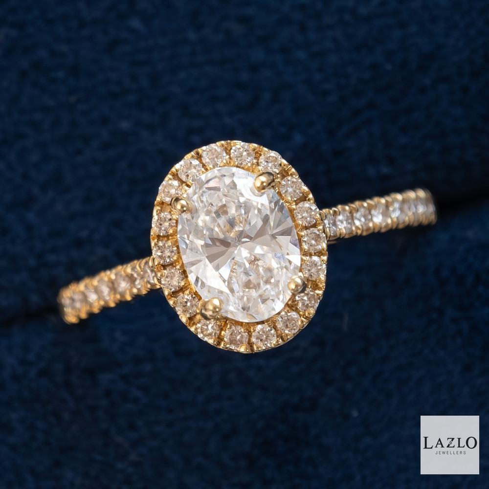 18kt Yellow Gold 1ct E VS2 Oval Laboratory Diamond Ring & 0.27ct Natural Diamond Halo Shoulders Engagement Rings 1