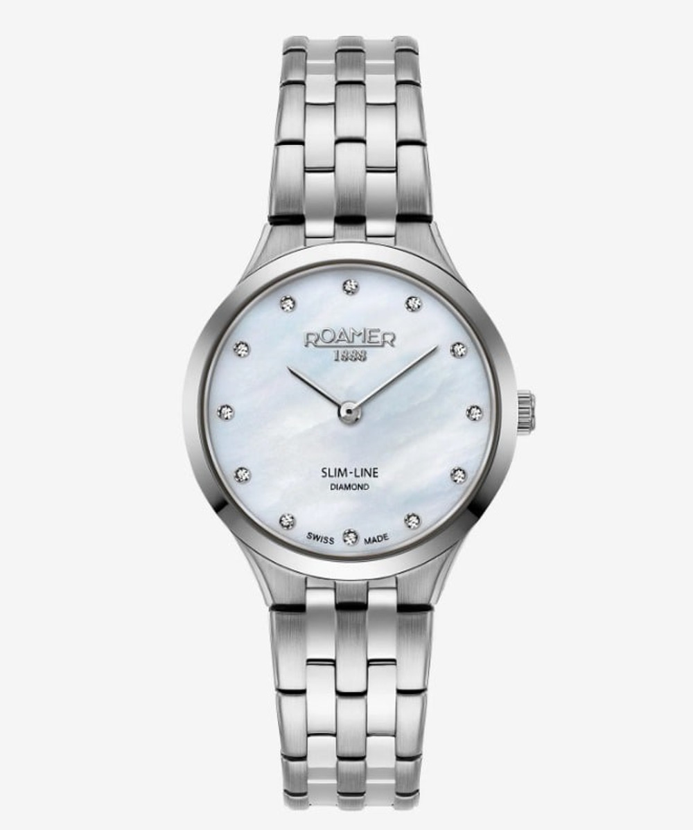 Roamer Ladies Slim-Line Stainless Steel Sapphire Crystal Mother Of Pearl & 0.06ct Diamond Dial Bracelet Watch