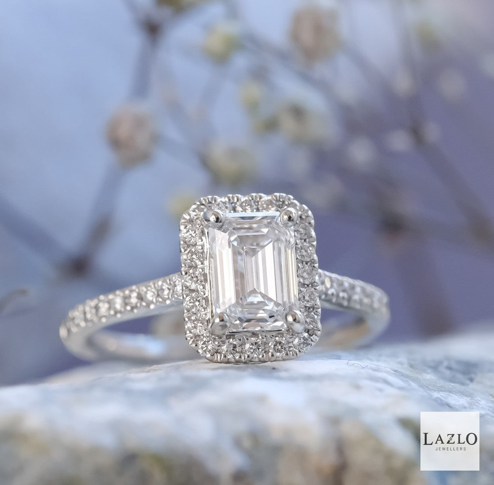 Platinum 1.12ct D VS1 Emerald Cut Laboratory Diamond & 0.27ct Natural Diamond Halo Ring 1