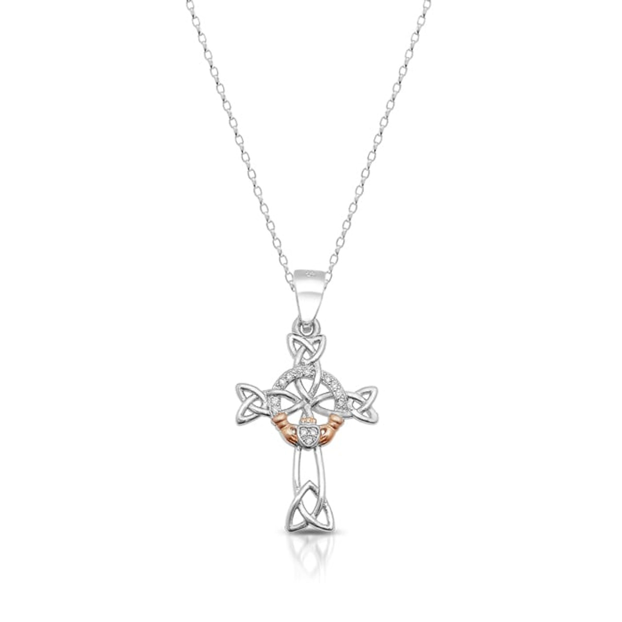 White Gold Irish Claddagh Cross Pendant Necklace