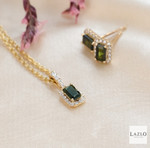9kt Yellow Gold Emerald Cut Green Tourmaline Pendant & Earrings Diamond Set 4