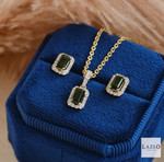 9kt Yellow Gold Emerald Cut Green Tourmaline Pendant & Earrings Diamond Set 1