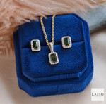9kt Yellow Gold Emerald Cut Green Tourmaline Pendant & Earrings Diamond Set 3