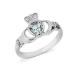 White Gold Light Blue Topaz Stone Claddagh Ring