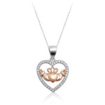 Silver CZ Heart with Gold Plated Claddagh Pendant & Chain