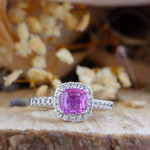 18kt White Gold Cushion 1.18ct Pink Sapphire & 0.35ct Diamond Halo Ring 1