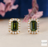 9kt Yellow Gold Emerald Cut Green Tourmaline Pendant & Earrings Diamond Set 2