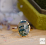 9kt Yellow Gold Rub Over Set Oval Moss Agate Ring 2