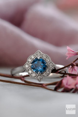 18kt White Gold 0.64ct Round London Blue Topaz 0.10ct Diamond Halo Antique Style Ring 1