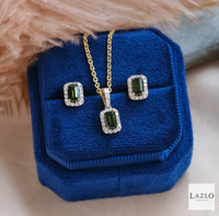 9kt Yellow Gold Emerald Cut Green Tourmaline Pendant & Earrings Diamond Set 3