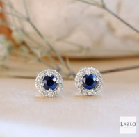 9kt White Gold Round Sapphire & Diamond Stud Earrings 1