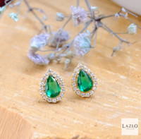 9kt Yellow Gold Teardrop Shape Faux Emerald CZ Halo Stud Earrings